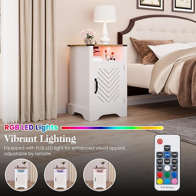 RoyalCraft Farmhouse Nightstand, White Night Stand with LED Lights and Charging Station, Bedside Table Set of 1 with Storage and Door, Wood End Table for Bedroom, Home Office, Antique White