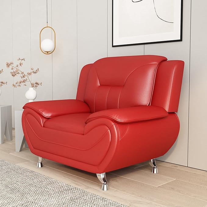 Container Furniture Direct Michael Modern Faux Leather Upholstered Stainless Steel Legs Living Room Sofa, Chair, Red