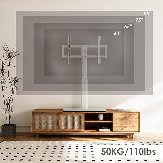 FITUEYES Universal TV Stand, Swivel TV Table Stand for 43 50-65 70 75 80 85Inch Flat Screen, Table Top TV Stand Base Replacement, Height Adjustable TV Mount Stand, Glass Base, Max Holds 110lbs