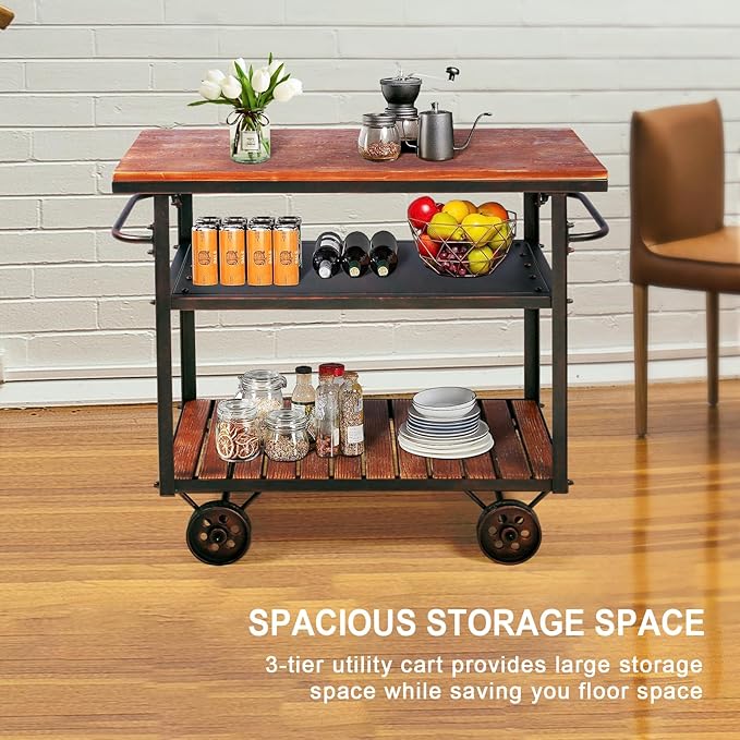 Farmhouse Mobile Cart with Wheels for Home Kitchen Industrial Rolling Food Cart Outdoor Vintage Wood and Metal Design Utility Cart in Office Coffee House 3 Tier with 2 Side Handle