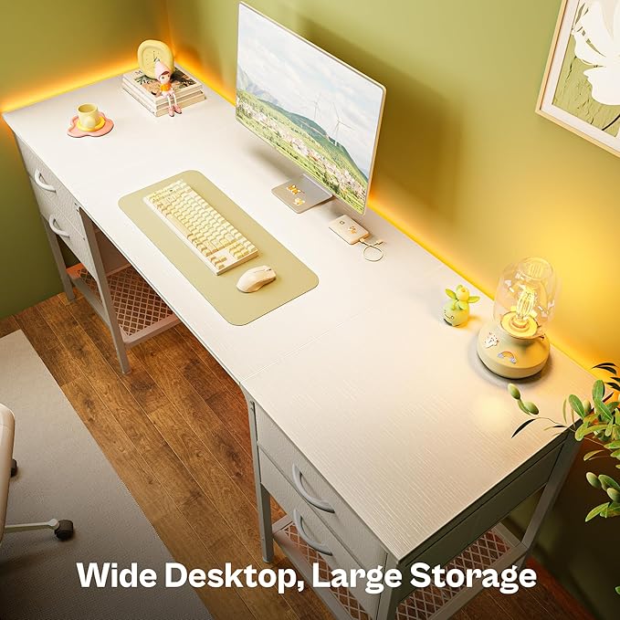 Huuger 63 Inch White Desk with 4 Drawers, Vanity Desk with Mesh Shelf, Large Storage, Computer Desk Office Desk for Home Office, Bedroom, Work from Home