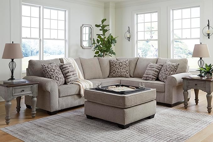 Signature Design by Ashley Claireah Casual L-Shaped 3-Piece Sectional with Loose Seat Cushions and 5 Accent Pillows, Beige