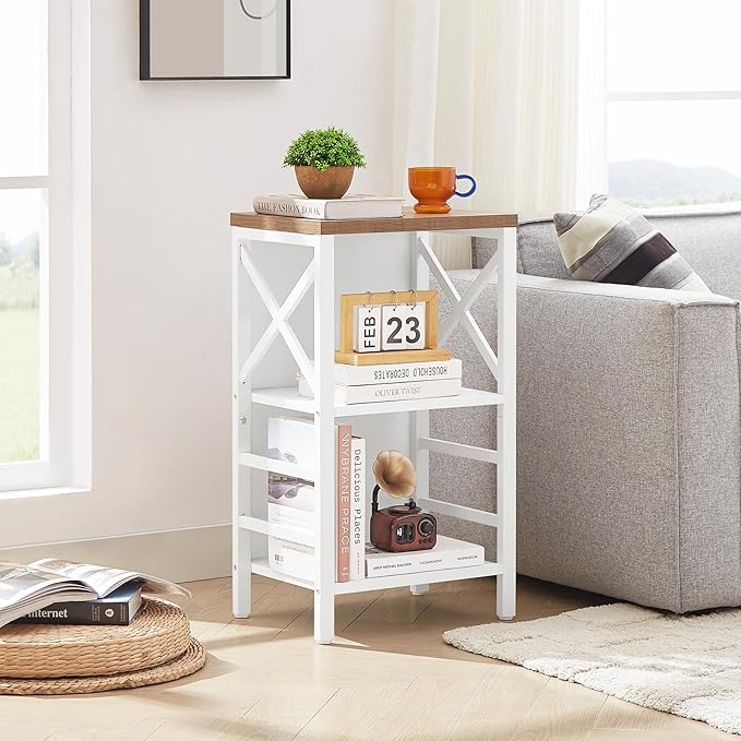 Small Bookshelf,3 Tier Industrial Bookcase with Metal Frame and Backboard,Low White Book Shelf,Book case for Small Spaces,Living Room,Bedroom and Home Office