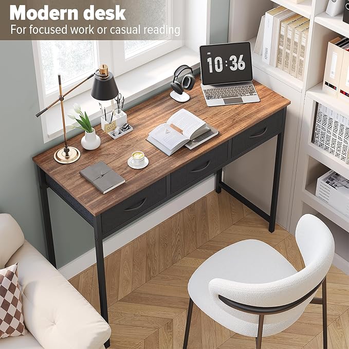 WOHOMO Computer Desk with Drawers, 39.3 Inch Bedroom Desk with Storage, Home Office Desk for Room Spaces, Modern Work Writing Study Tables, Rustic