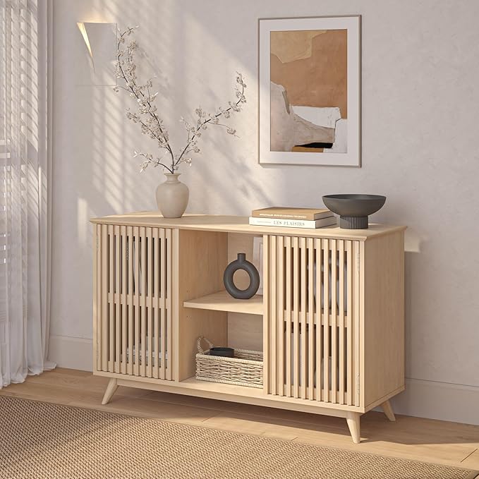 Plank+Beam Mid-Century Modern Wood TV Stand, Solid Wood Entertainment Console with Storage, 49" L x 16" W x 30" H, Blonde