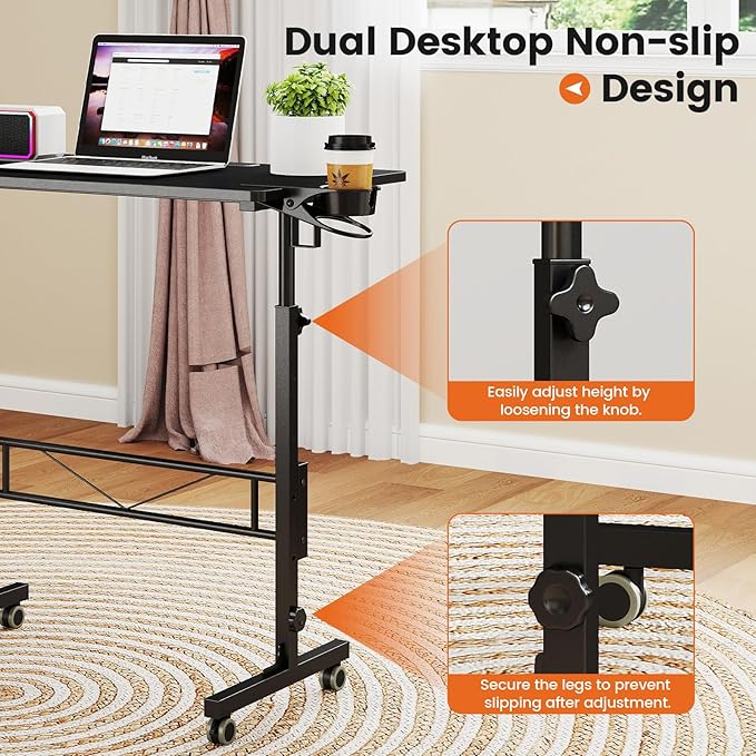 Hadulcet Small Standing Desk Adjustable Height, Mobile Stand Up Desk with Wheels, Portable Walking Pad Table Stand, Rolling Laptop Cart for Standing or Sitting, Black