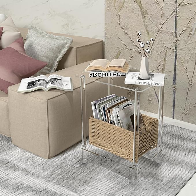 Clear Acrylic End Table, 2-Tier Modern Side Table for Living Room, Bedroom, Office or Showroom, Small Coffee Table & Bedside Nightstand, Decorative Accent Table for Home Decor