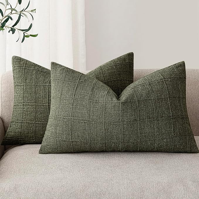 Foindtower Set of 2 Decorative Linen Check Throw Pillow Covers Neutral Farmhouse Lumbar Cushion Covers Modern Boho Home Decor for Sofa Chair Couch Bedroom Living Room Outdoor,12×20 Inch,Olive Green