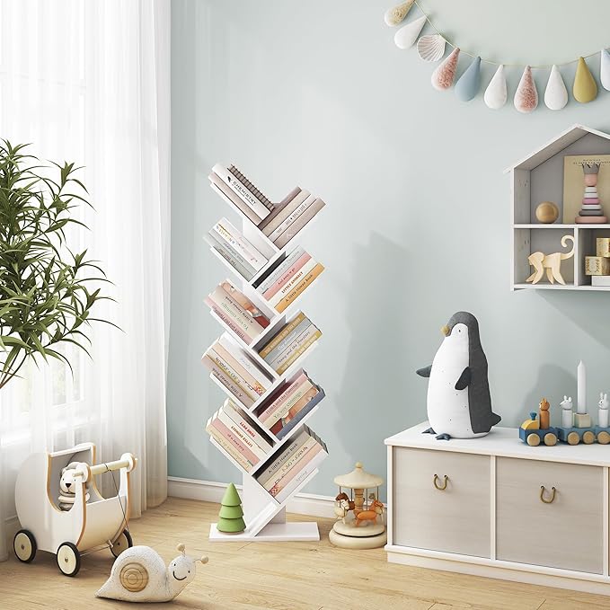 Hoctieon 10 Tier Tree Bookshelf, 10 Shelf Bookcase, Free Standing Tree Bookcase, Display Floor Standing Shelf for Books, Book Organizer Shelves for Home Office, Living Room, Bedroom, White