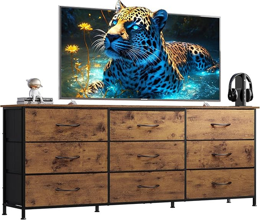 WLIVE 63''W Dresser for Bedroom, Dresser TV Stand for 65, 70, 75 inch TV, Wide Chest of Drawers with 9 Drawer, Large Entertainment Center, Fabric Dressers with Wood Top for Living Room, Rustic Brown