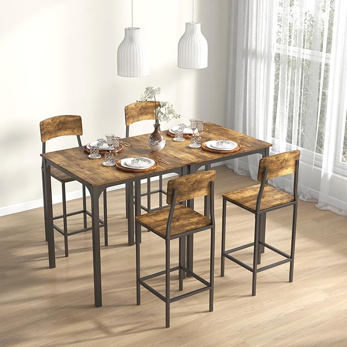 HOMCOM 3-Piece Counter Height Bar Table with Space-Saving Design, Square Kitchen Table and Chairs Set with Footrest, Metal Legs, Industrial Dining Table Set for 2, Rustic Brown and Black
