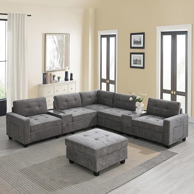 Merax 6 Seater Chenille Sectional Couches with 2 Acrylic Table Top Consoles, Upholstered Modular Tufted Sofa Chaise with Ottoman, Storage Drawers, Pockets, USB Charger & Cup Holders for Living Room