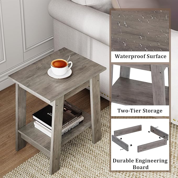 End Table, Set of 2, Side Table with 2-Tier Storage Shelf, Sofa Table for Small Space, Square Nightstand for Entryway, Farmhouse, Living Room, Easy Assembly, Grey