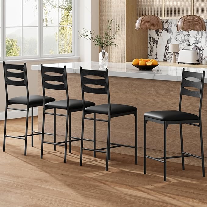 GarveeHome Bar Stools Set of 4, Wooden Barstools, Faux Leather Upholstered Bar Chair with Back & Footrest & Thick Cushion, Counter Height Bar Stools for Kitchen Island Apartment, Black