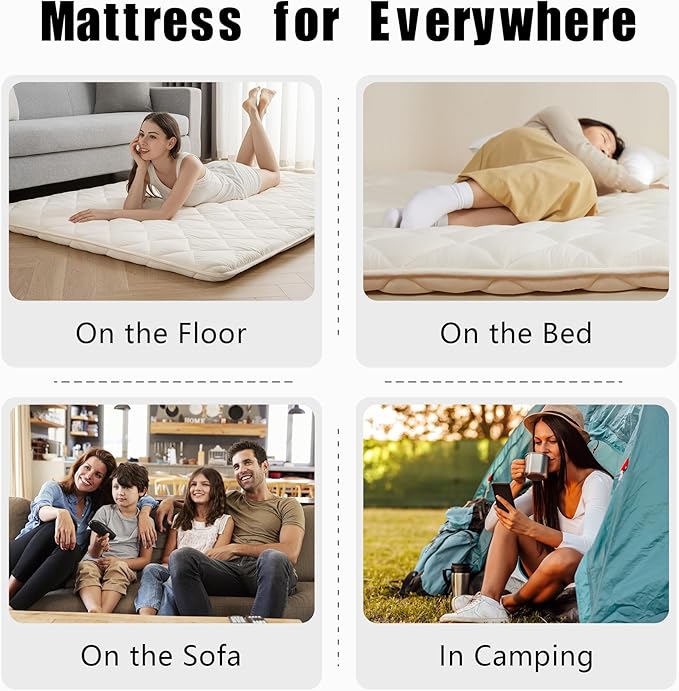 Japanese Floor Futon Mattress, Tatami Mat Sleeping Pad, Shikibuton, Mattress Topper, Boys Girls Roll Up Dormitory Mattress, Foldable & Portable Floor Lounger Bed, Guest Bed (Cream, Full)