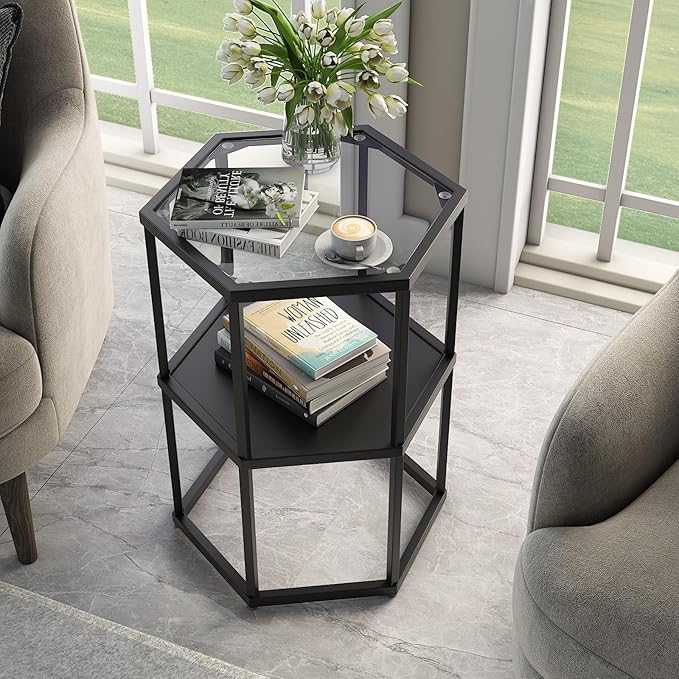 Side Table with 2-Tier Storage Shelf, Modern End Tables for Living Room Office Small Spaces, Glass Black End Table with Metal Frames, Nightstand for Bedroom, Bedside Furniture