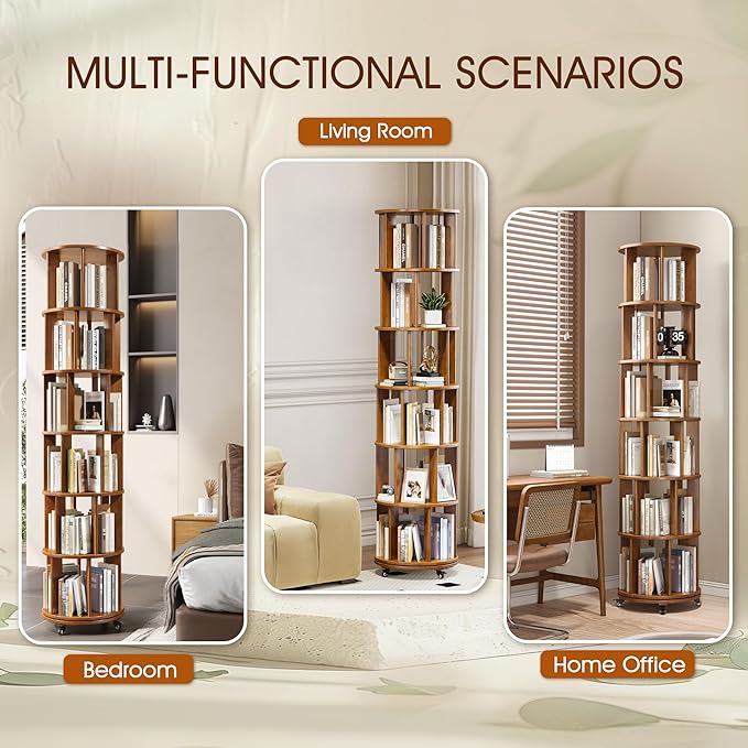 6 Tier Solid Wood Rotating Bookcase with Wheels, Round Revolving Bookshelf Organizer, 360° Spinning Storage Shelf for Corner, Small Narrow Spaces, Home, Office, Kids Room