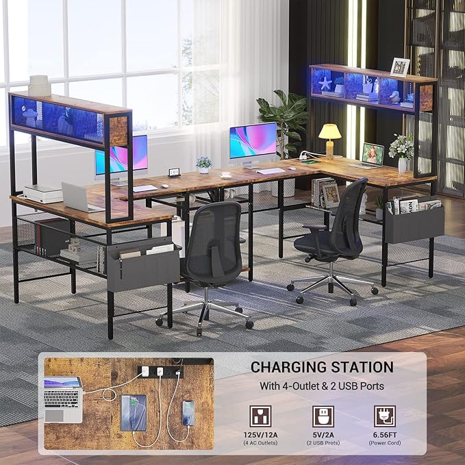Unikito L Shaped Computer Desk with LED Strip and Power Outlets, Reversible L-Shaped Corner Desk with Storage Shelves and Bag, Rustic Brown