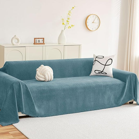 hyha Couch Cover for Dogs, Boho Sofa Covers for 3 Cushion Couch Washable, Chenille Sofa Slipcover for Pets, Soft Loveseat Sectional Couch Throw Blankets with Tassels (Blue, 88.5x134 Inch)