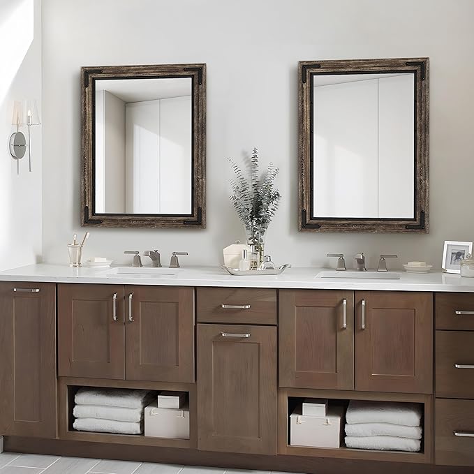 YOSHOOT Farmhouse Bathroom Mirror, Rustic Wood Mirror, Wooden Framed Vanity Mirror, Solid Wood & Handmade, Vertical or Horizontal Hanging for Bathroom Entryway Living Room Bedroom, 48" x 30", Brown