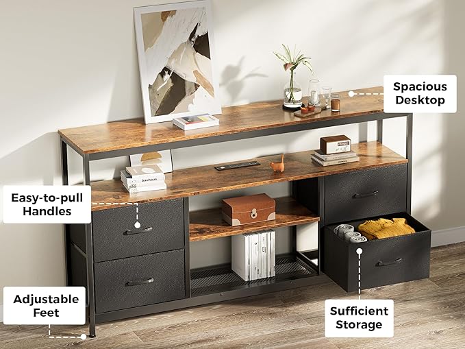 Huuger TV Stand Dresser with Power Outlets and LED Lights, 4 Drawers Entertainment Center with Shelves, 54 Inch Media Console for 55 60 Inch TV, PU Finish, Rustic Brown and Black