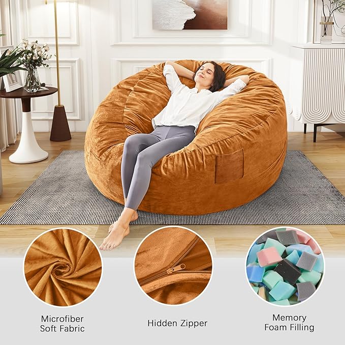 Bean Bag Chairs for Adults - Giant Bean Bag Chair Convertible Bean Bag Bed - Beanbag Chair with Micro Fiber Cover/Furniture Foam Filler - Floor Couch Sofa in Bedroom Dorm Room - Queen Golden Brown