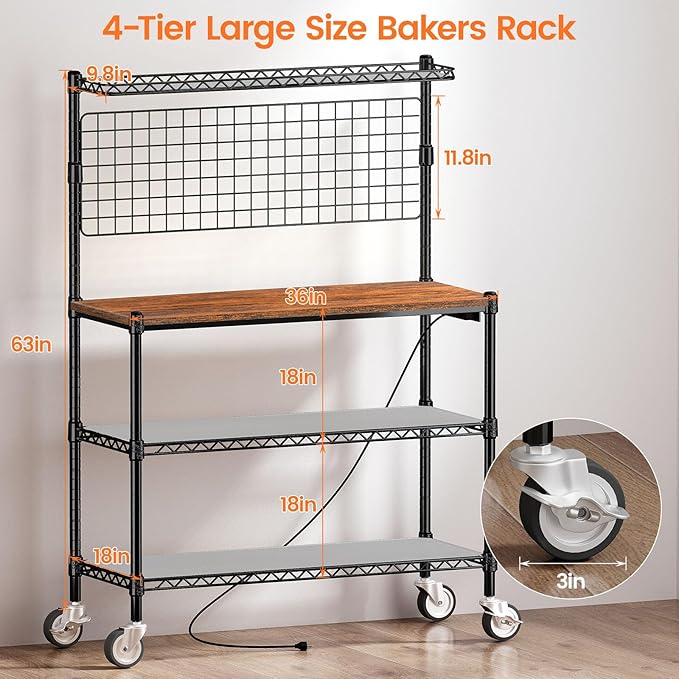 Leteuke Bakers Rack with Power Outlet & Storage, 36 Inch Microwave Stand Kitchen Cart, 4-Tier Metal Kitchen Shelves Cart with Wheels & 20 S-Hooks for Kitchen, NSF Certified, 63 x 18 x 36 Inch-Black