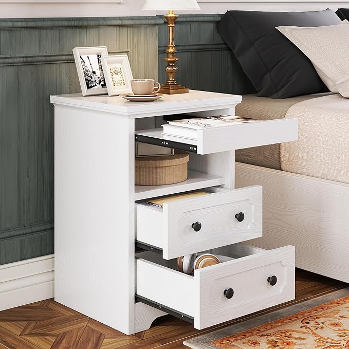 LIKIMIO Night Stand, Modern Bedside Table with 2 Drawers, Open Shelf, End Table with Pull-Out Tray, Wood SideTable, White