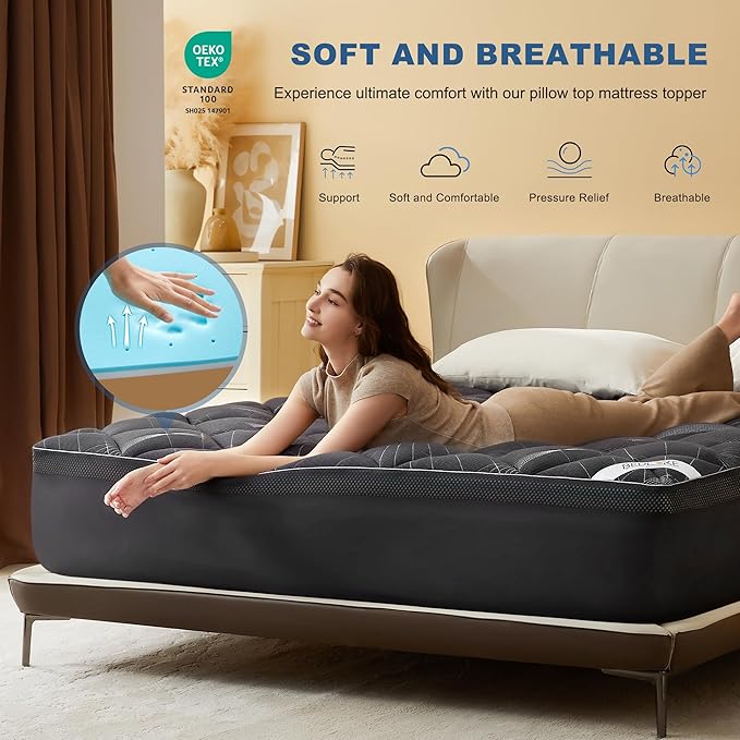 Bedlore 4-Inch King Mattress Topper for Back Pain - Dual Layer Medium Support (2" Gel Memory Foam + 2" Cooling Fluffy Pillow Top Pad), Breathable & Pressure Relief (Gray)