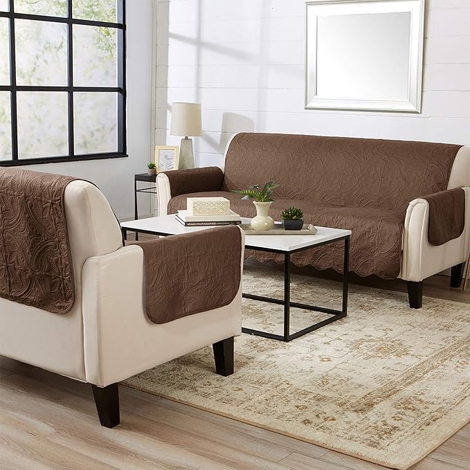 Great Bay Home Medallion Stitched Solid Furniture Protector Stain Resistant Durable Furniture Protector Elenor Collection (Loveseat, Chocolate/Taupe)