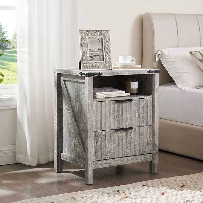 Grey Nightstand with Charging Station - 20 Inch Wide Farmhouse Fluted Bedside Table with 2 Drawers, Modern Wood End Side Table for Bedroom Study Storage Home