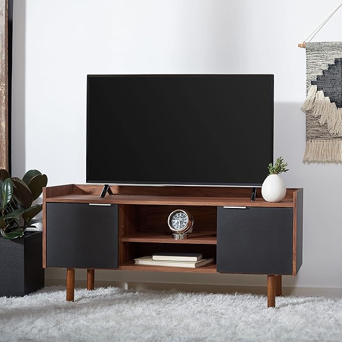 SAFAVIEH Diara TV Stand for up to 55" Flatscreen – Walnut & Black, 2 Doors with Interior Storage, 2 Open Shelves, Entertainment Media Console (MED9603B)
