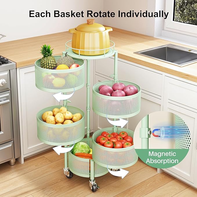 SAYZH Fruit Vegetable Basket for Kitchen, Rotating Storage Rack, 5 Tier Rolling Cart with top lid, Large Metal Wire Basket for for Potato Onion Snack, Black (Green)