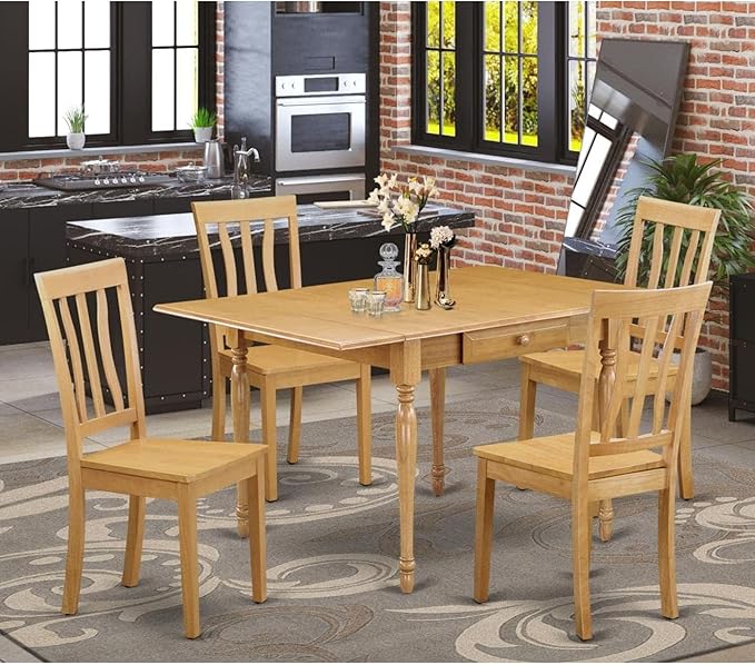 East West Furniture MZAN5-OAK-W 5 Piece Modern Dining Table Set Includes a Rectangle Wooden Table with Dropleaf and 4 Dining Room Chairs, 36x54 Inch, Oak