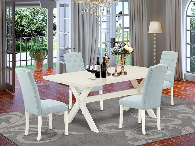 East West Furniture X027CE215-5 5 Piece Modern Dining Table Set Includes a Rectangle Wooden Table with X-Legs and 4 Baby Blue Linen Fabric Upholstered Chairs, 40x72 Inch, Multi-Color