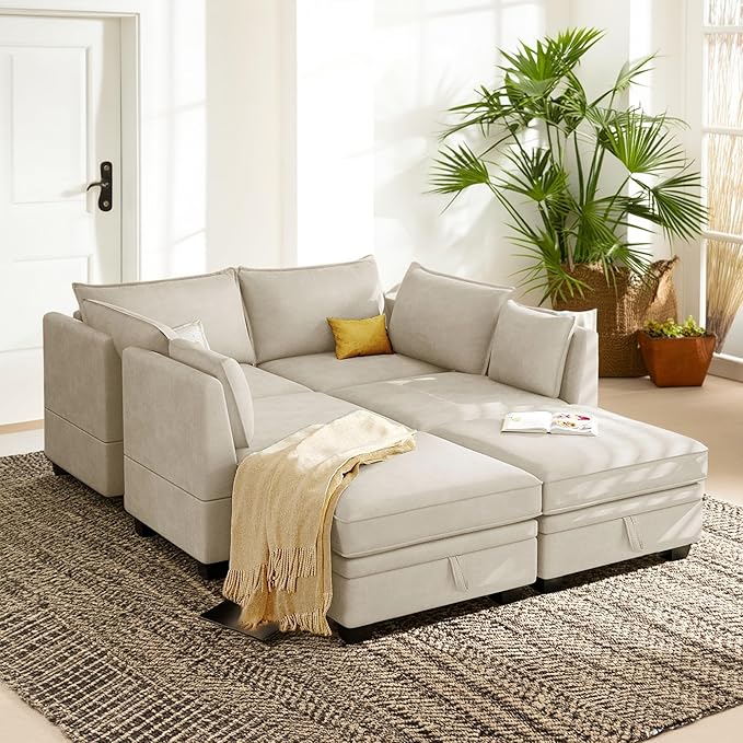 115.1 Inch Oversized U-Shape Sectional Sofa with Removable Ottoman and Storage Seat, Modular Upholstered Convertible Couch Bed w/Reversible Chaise for Living Room, Office, Beige