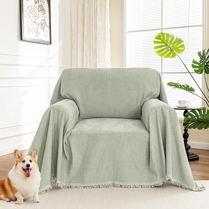MYSKY HOME Oversized Armchair Couch Cover for 1 Cushion Couch, Washable Sofa Protector, Chair Chenille Couch Covers with Tassel Sofa Covers Sofa Throw Sofa Slipcovers for Pet, Kid, 71"X91", Sage Green