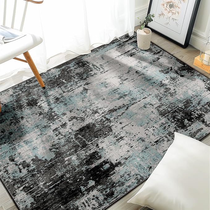 Washable Area Rugs 2'x3' Non-Slip Modern Abstract Soft for Living Room Entryway Bedroom Nursery, Print Pattern, Blue Black Teal