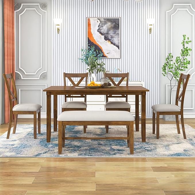 Ball & Cast 6 Piece Dining Table Set with 4 "X-Shaped Curved Backres Fabric Chairs & 1 Bench,Living Room Furniture W/ 60" Rectangle Kitchen Desk,for Restaurant,Home Bistro,Natural Cherry