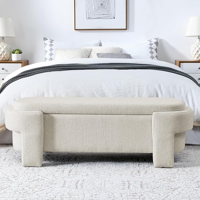 KEIKI 51" Linen Ottoman Bench with Large Storage Space, Upholstered Seating Foot Rest Stool Furniture for Bedroom, Living Room, Entryway, Beige