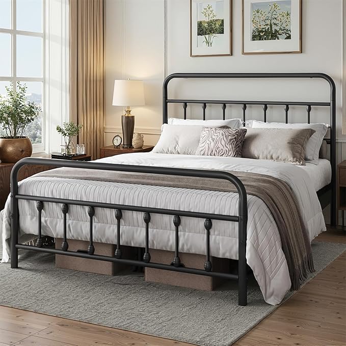 Full Size Bed Frame-Classic Metal Platform Bed Frame Mattress Foundation with Victorian Style Iron-Art Headboard/Footboard/Storage Space/No Box Spring Needed/Black