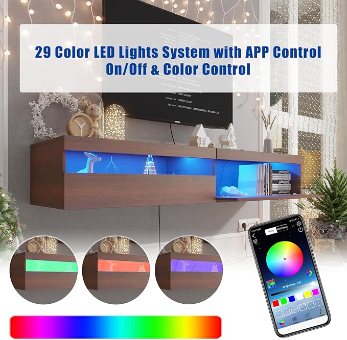 Floating TV Stand with Led Lights, 71 inch Wall Mounted TV Shelf with Power Outlet, Modern Entertainment Center Media Console with Storage Cabinet, Up to 80 Inch TVS, Walnut