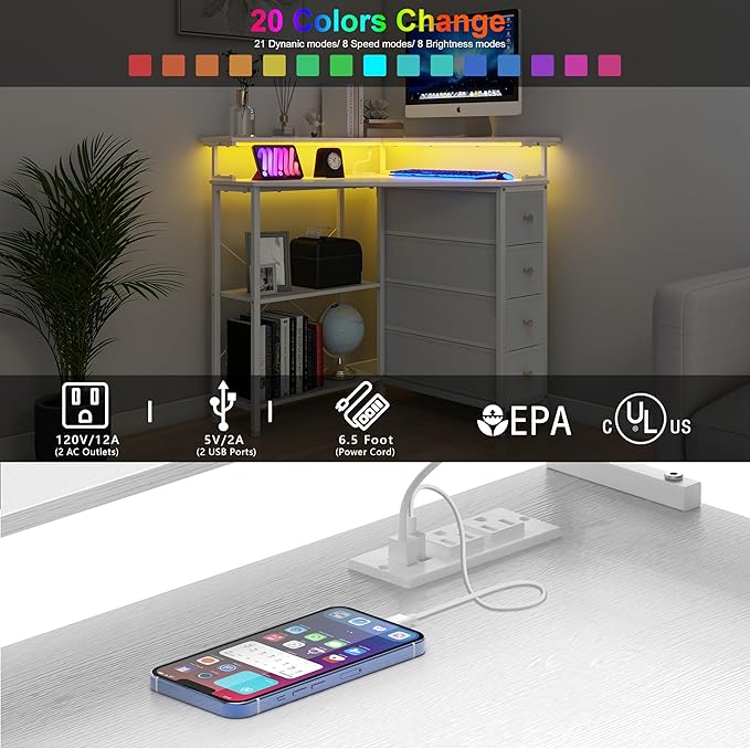 Corner Desk with Drawers Shelves for Small Space 90 Degrees Triangle Computer Desk with Power Outlets,Gaming Desk with LED Lights Monitor Stand for Home Office Workstation Writing Table (White)