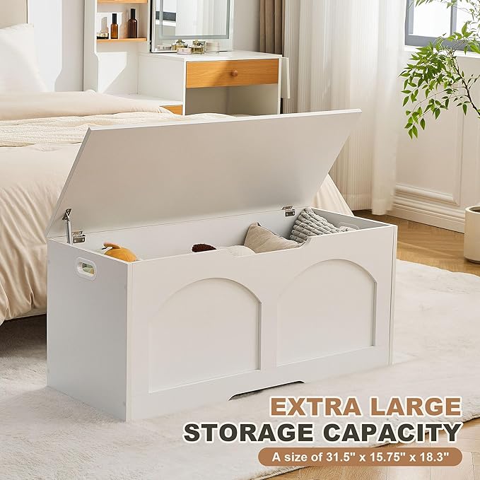 Storage Chest, 31.5" Wooden Storage Trunk Bench, Entryway Bench, Storage Box, Toy Chest with Lift Top, U-Shaped Opening, Easy Assembly, 31.5" x 15.7" x 18.3" Toy Box Chest Organizer Bench, Ivory White