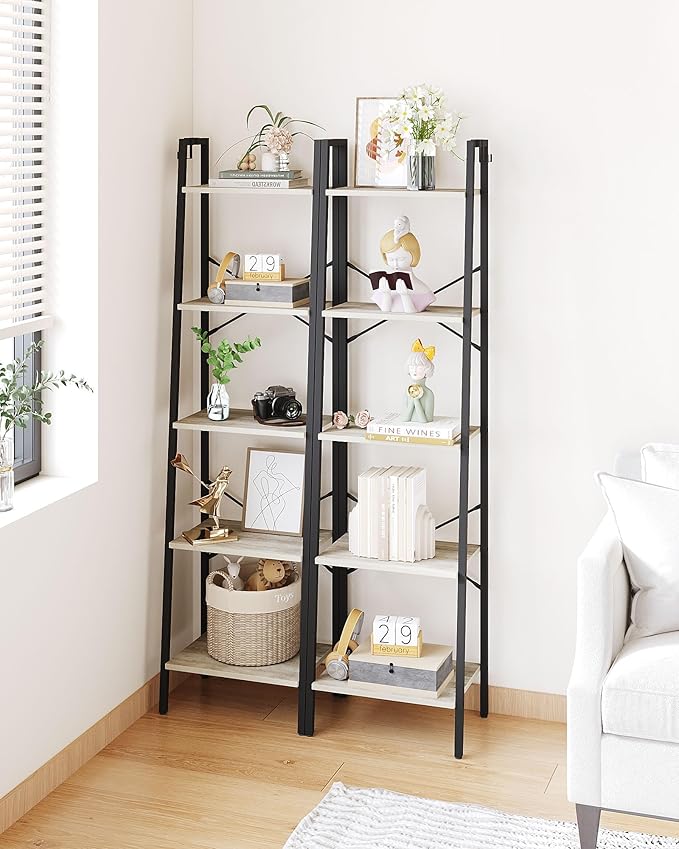 Ladder Shelf, Bookshelf Bookcase, Freestanding Corner Storage Shelve with 2 Hooks for Home Office, Living Room, Kitchen, Bedroom, Industrial, 5-Tier Greige BC19205B