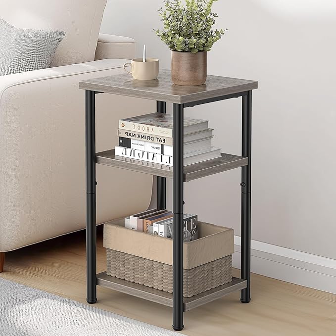 DUMOS End Table Small Side Sofa Tables 3 Tier Tall Nightstand Storage Shelf with Adjustable Feet for Living Room Bedroom Office, Grey