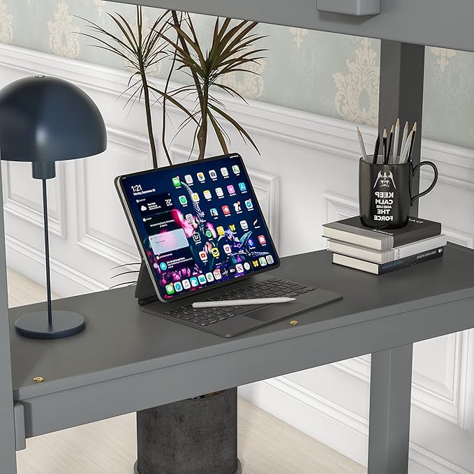HomSof Twin Loft Bed with Built-in Desk,Grey