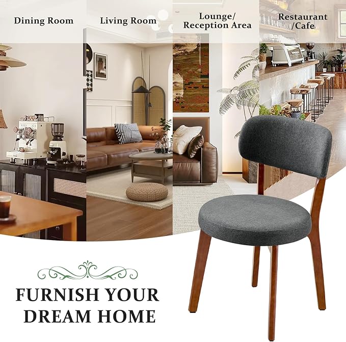 Furniliving Wooden Dining Chairs Set of 2, Mid-Century Modern Linen Upholstered Kitchen Chair with Solid Oak Wood, Farmhouse Dining Room Chairs, Grey