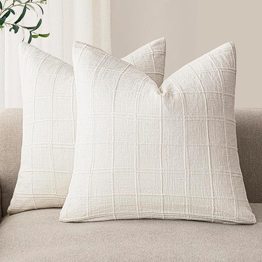 Foindtower Set of 2 Decorative Linen Check Throw Pillow Covers Neutral Farmhouse Vintage Cushion Covers Modern Boho Home Decor for Sofa Chair Couch Bedroom Living Room Outdoor,24×24 Inch,Cream White