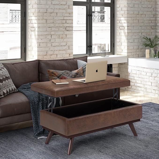 SIMPLIHOME Owen 42 inch Wide Mid Century Modern Rectangle Lift Top Large Coffee Table Storage Ottoman in Distressed Chestnut Brown Vegan Faux Leather, Assembled, For the Living Room
